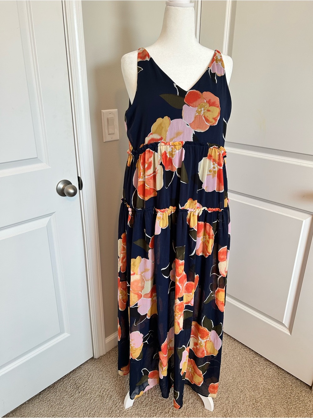 Maurices Floral Tiered V-Neck Maxi Dress - Navy with Coral & Pink Flowers